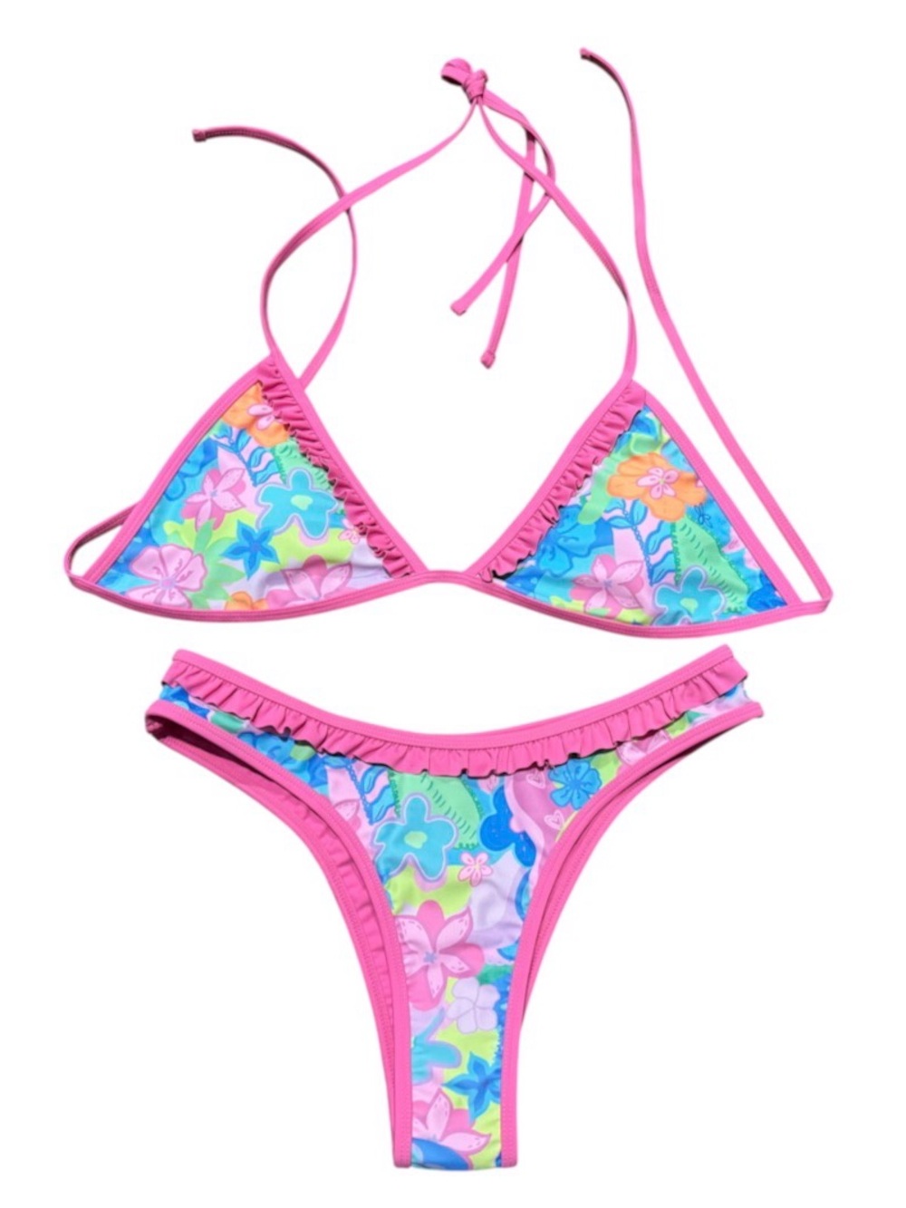 93 Play Street Tiki Taffy Pink Triangle Bikini w/Cheeky Ruffle Bottoms Size XL